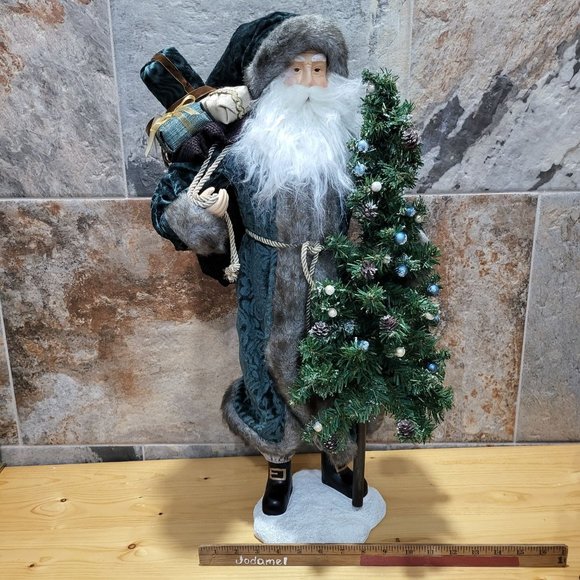 Santa Claus Figurine Ceramic Base Christmas Tree Sack of Gifts Blue Velvet Coat - Picture 8 of 13